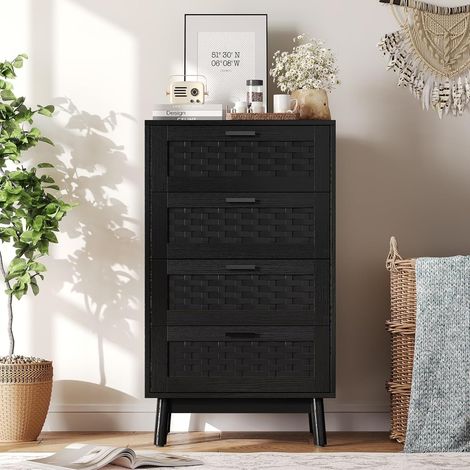 JOOKGBD-Commode 55X40X95cm avec tiroirs,Bois et Rotin,Moderne Tiroirs Meuble de Rangement,Buffet,Table de chevet,Adapté pour la chambre,salon,couloir,Style luxe minimaliste,Noir (1/5)