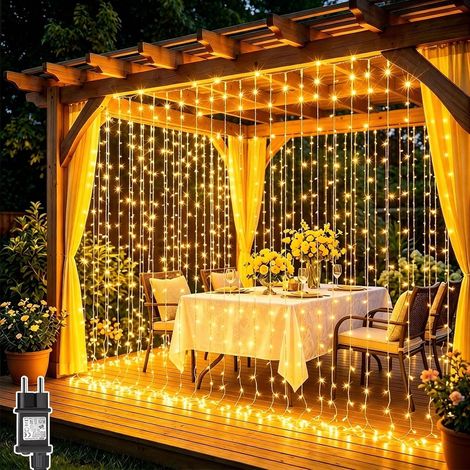 Lot 2 3x3M 300 LED Rideau Lumineux avec Transformateur, Blanc Chaud (1/5)