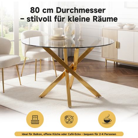 Table ronde à manger, 80 x 80 x 75 cm, plateau en verre, style moderne, pieds dorés, peut servir de table basse ou d'appoint, style minimaliste moderne, or et verre (1/5)