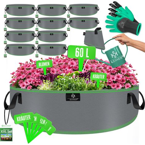 KESSER® Pflanzsack 60 Liter (60x25) - 10er Set aus Vlies mit Namensschildern, Sichtfenster & Griffen – ideal für Gemüse, Blumen & Obst  - Grau