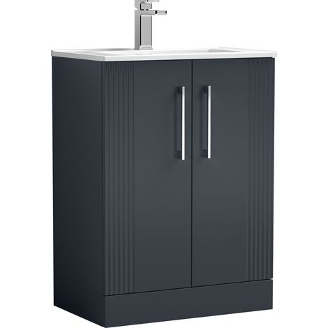 Belvide Partial Fluted 2 Door Floor Standing Vanity Unit with 1 Tap Hole Minimalist Basin - 600mm - Dark Grey