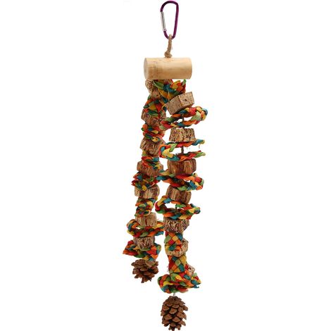 Jouet pour perroquets avec mangeoire suspendue et accessoires pour cage fabriqués à partir de pommes de pin naturelles, favorise un comportement sain grâce à