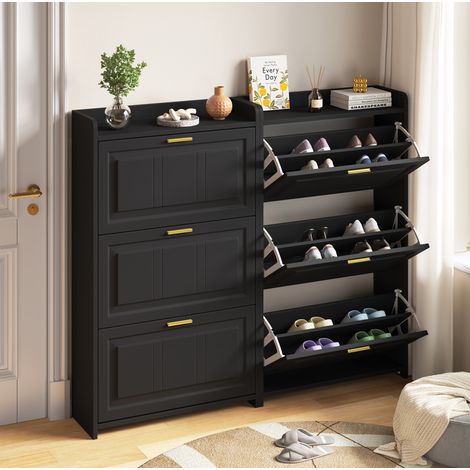Zapatero de MDF y aglomerado negro, juego de 2, 70 x 24 x 120 cm, 3 puertas abatibles, 6 compartimentos (1/5)
