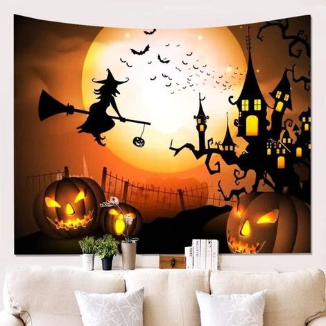 (100x150 cm) Arazzo da parete di Halloween con strega arancione per soggiorno, camera da letto, decorazione murale, arazzo per la casa, arazzo per ufficio, dormitorio, arte murale (1/5)
