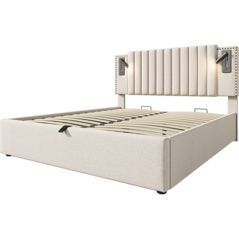 Lit double 140x200 beige avec rangement, liseuse et USB MODENUIT (1/5)