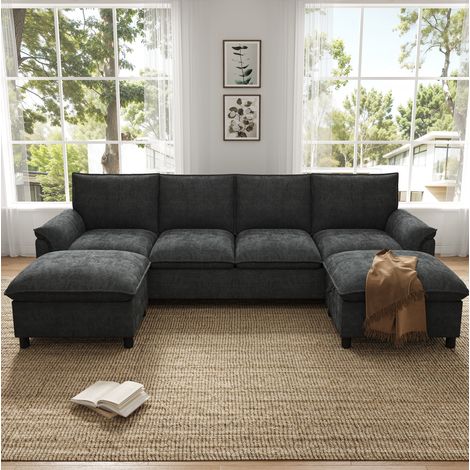 CHICFURN Divano angolare componibile 264,5 x 142,5 x 84 cm in ciniglia nera con 2 pouf (1/5)