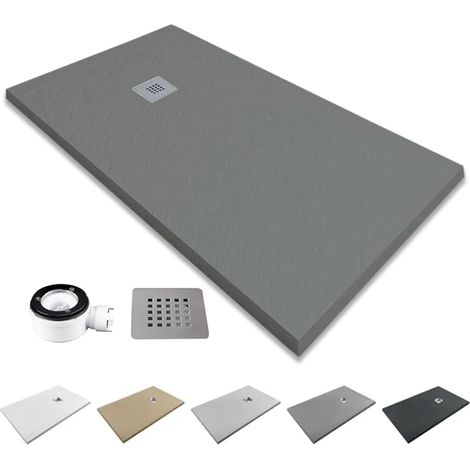 Plato de Ducha de Resina Extraplano Antideslizante Incluye Válvula de Desagüe y Rejilla Color Gris Cemento 100x90 cm