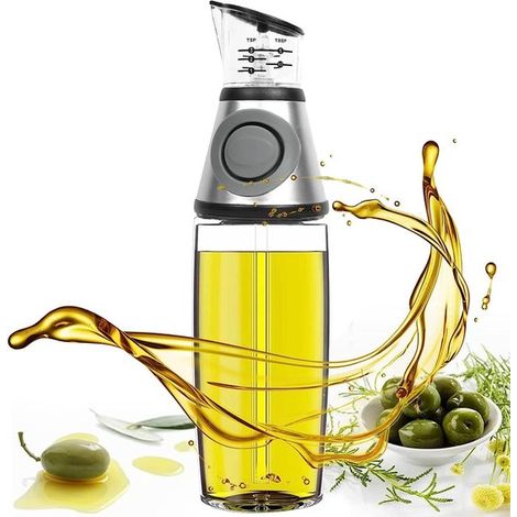 Ölflasche mit Druckmechanismus Ölmessstab Öl und Essigspender aus Glas mit Skala Öldosierflasche für die Küche Tropffreier Ölausgießer 500 ml für (1/5)