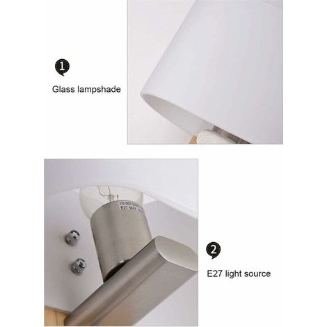 VURAHOME - Applique de chevet moderne E27 3W Liseuse Nordic Hotel Style Contemporain Simple Lampes en verre Abat-jour Applique en bois avec interrupteur à bouton flexible pour chevet Chambres à couche (1/5)
