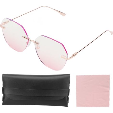 Elegante Arbeitsbrille mit Blaulichtfilter für Damen, randloser Goldrahmen, ideal für Büro und Termine.