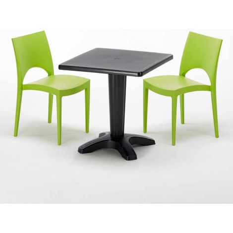 Tavolino Quadrato Nero 70x70 cm con 2 Sedie Colorate Paris Aia - Verde 2