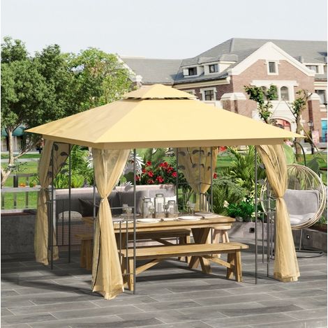 Padiglione da giardino 300x300 cm con doppio tetto e pareti laterali, struttura in acciaio beige e nera. (1/5)