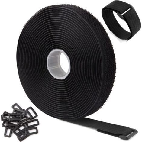 Attaches de Câble Réutilisables Réglables Noires de 5m Avec 25 Boucles et Sangle de Fixation à Crochet Pour la Gestion des Câbles (5m x 2cm, Noir) (1/4)