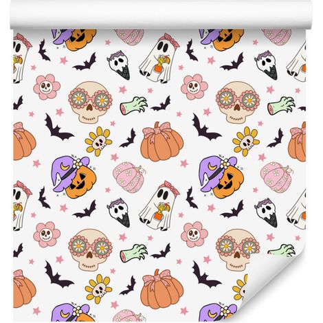 Carta da parati di Halloween bianca, grigio chiaro e crema per soggiorno e camera da letto 50x1000 (1/5)