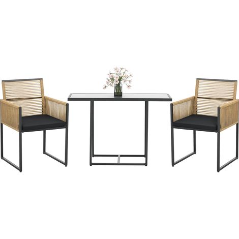 Ensemble table en verre et 2 chaises en rotin avec dossiers rabattables gigognes et coussins, mobilier design sobre pour balcon pratique et gain de place