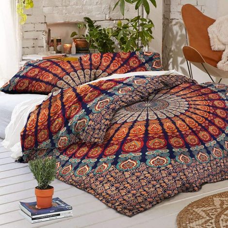 Housse de couette traditionnelle Queen Size, Peacock Feather Mandala Doona Cotton Throw, Boemia Doona Cover, Boho Quilt Cover