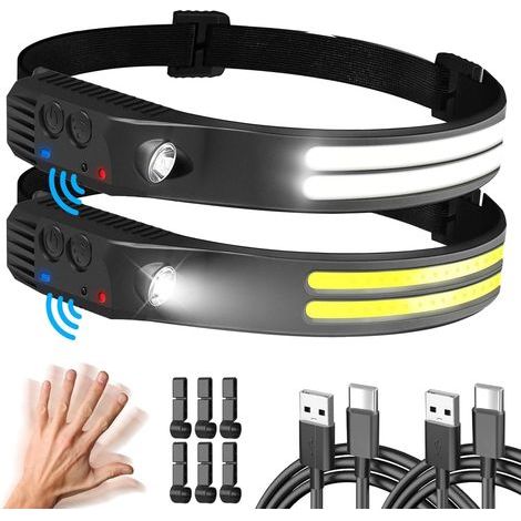 Extrem leistungsstarke LED-Stirnlampe, 2er-Pack, 230° Weitwinkel-Stirnlampe mit 6 Leuchtmodi, 2 LED-Weißlicht-Sensor-Stirnlampen, wasserdicht, für Joggen, Angeln, Laufen [Klasse (1/5)