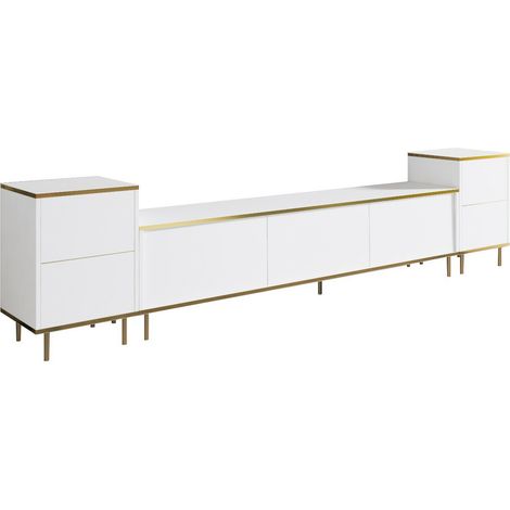 Ensemble de meuble TV et 2 tables d'appoint moderne Shonna L260cm Blanc et Or (1/5)