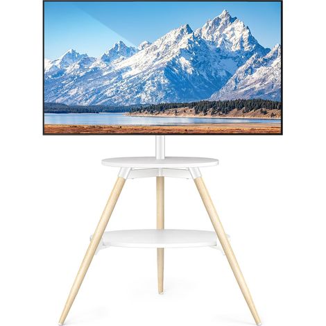 Support TV sur trépied avec 2 étagères, pivotant et réglable en hauteur, support TV au sol en bois pour écran LED LCD OLED de 32 à 65 pouces, VESA max 400x400mm, charge max 40kg, blanc