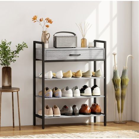 Zapatero de 4 niveles con cajón, 70 x 30 x 87,6 cm, aglomerado y metal gris (1/5)
