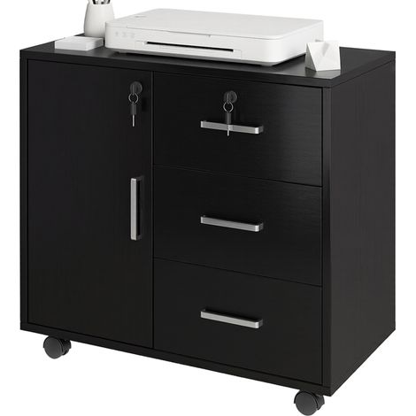 Caisson de bureau verrouillable avec 3 tiroirs et étagère réglable, roulettes, 40 x 60 x 56 cm, noir (1/4)