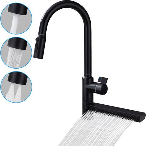 Miscelatore cucina nero estraibile, 360° girevole, braccio 720° a pioggia, rubinetto da lavello con 3 funzioni di erogazione, testa doccia multifunzione, corpo in ottone (1/5)