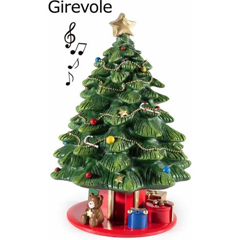 Carillon girevole ad Albero di Natale con doni e orsetto alla base in resina colorata, Ø 12 cm x 18 H