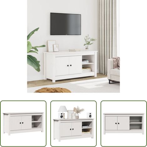 Bois de pin - Meuble TV Blanc 103x36,5x52 cm Bois de pin massif (1/5)