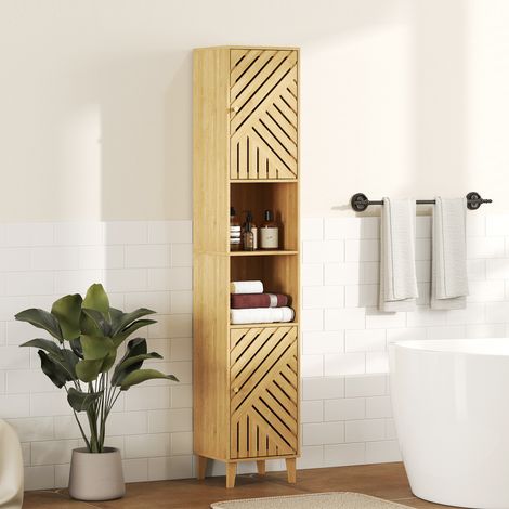 Colonna stretta per bagno con ante e gambe in bambù, ripiani regolabili, vano a giorno, 32x30x170 cm, naturale.
