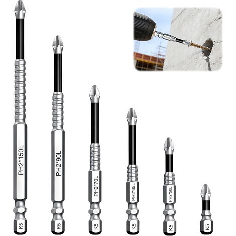 Juego de 6 puntas de destornillador K5 antideslizantes y resistentes a los golpes para alto torque, cabeza Phillips antideslizante, longitudes de 25, 50, 65, 70, 90 y 150 mm. (1/5)