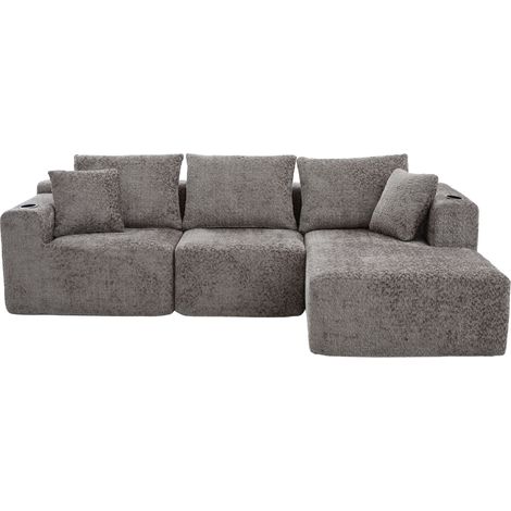 Divano angolare modulare 102" grigio scuro con portabicchieri, profondo, senza montaggio (1/5)