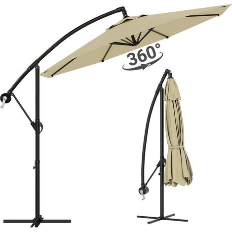 Parasol de jardin 300 cm 360° rotatif – Parasol déporté à manivelle – Réglable en inclinaison – Tissu étanche – Avec socle,Kaki (1/5)