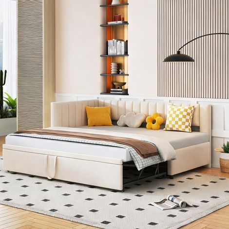 Cadre de lit beige en upholstered 208 x 97,5 x 75 cm (1/5)