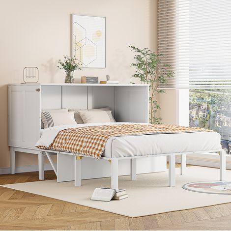 Bett Schrankbett 140x200 cm modern, Holz in Weiß, vertikales Klappbett, platzsparend, mit Stauraum unter dem Bett (1/5)