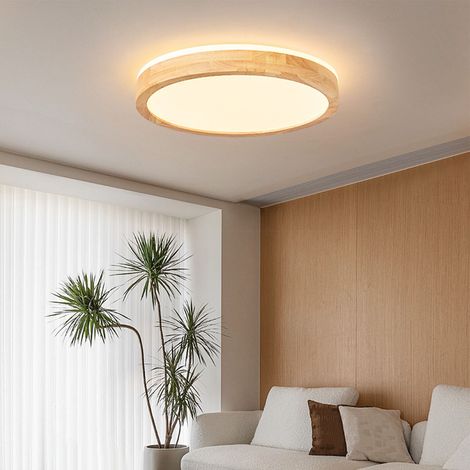 Plafonnier LED rond en bois 3000K à 6500K dimmable, montage encastré avec télécommande, 30 cm / 11,8 pouces, pour chambre et cuisine (1/4)