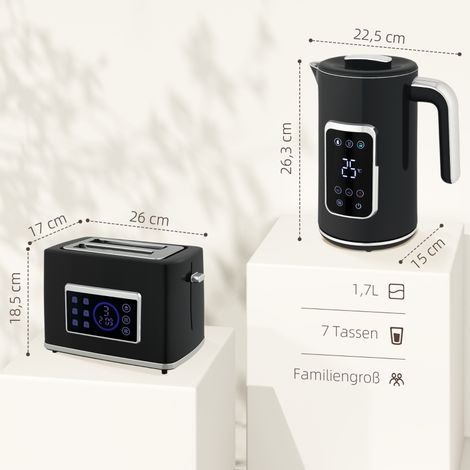 Bouilloire 1,7L et grille-pain 2 fentes, écran tactile LED, noir, multi-fonctions avec réglages variés pour la cuisine. (1/5)