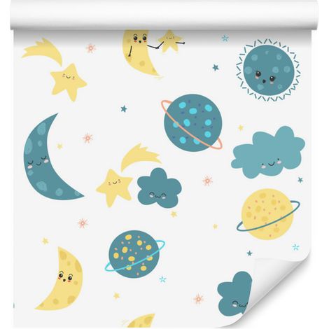Papel pintado con estrellas, planetas, lunas y nubes de colores, 50x1000 cm. (1/5)