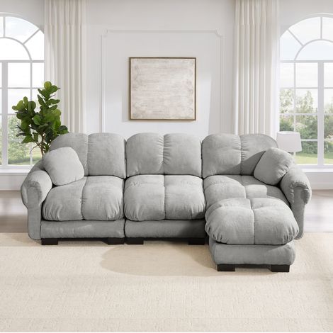 Divano a L 3 posti con chaise longue mobile grigio chiaro in chenille con cuscini trapuntati e montaggio facile (1/5)