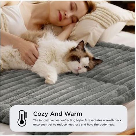 Tapis chauffant auto-chauffant pour chat, lavable, couverture polaire chaude 76 x 50 cm avec dessous antidérapant, matelas pour cage de taille moyenne pour chiots et chats, gris (1/5)
