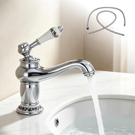 Robinet de salle de bain rétro, mitigeur lavabo en laiton avec cartouche céramique (Argent vintage) (1/5)