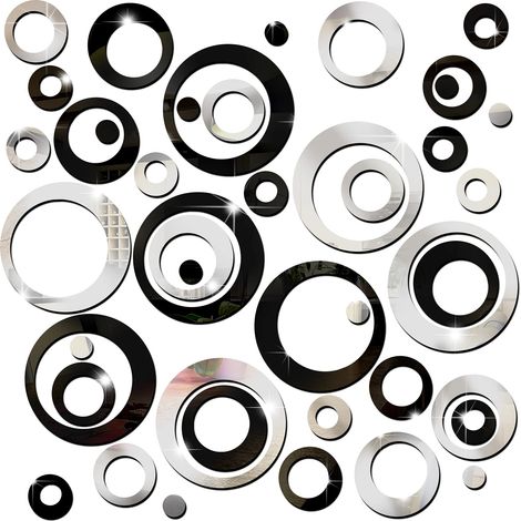 Lot de 72 autocollants muraux : Miroirs ronds amovibles en acrylique — Points décoratifs muraux noirs et argentés (1/5)