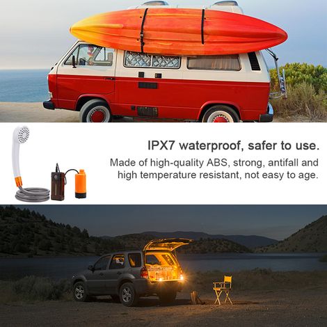 Douche de camping portable, pompe électrique, étanche IPX7, avec 2 niveaux de débit d'eau et lumière LED, pour randonnée, voyage, plage, arrosage des animaux (1/5)