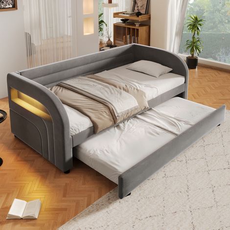 Letto piattaforma imbottito 90x200 con letto estraibile e LED, grigio, OKWISH (1/5)