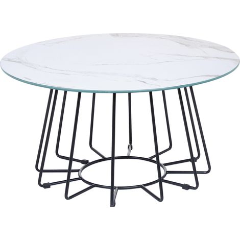 Mesa de centro efecto mármol de vidrio templado blanco negro 80 cm tablero Bernie