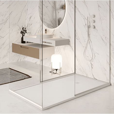 Mineralguss-Duschwanne extra flach mit Rand SARIN WEISS 80x100 cm Auslaufschutz in Farbe (1/4)