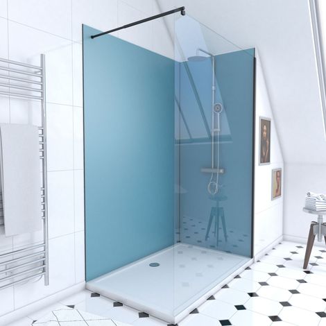pack douche à l'italienne 90x120 - kit panneaux muraux bleu/noir + receveur + paroi transparente (1/4)