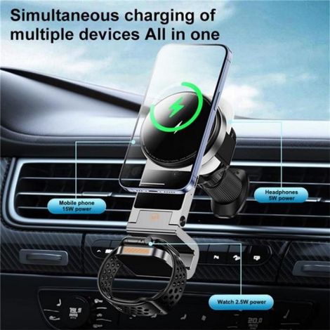 Support Téléphone Voiture - Chargeur Sans Fil 3 en 1 - Fixation Magnétique Grille Aération - Pour Smartphone Montre Écouteurs - 15 W - Noir (1/5)