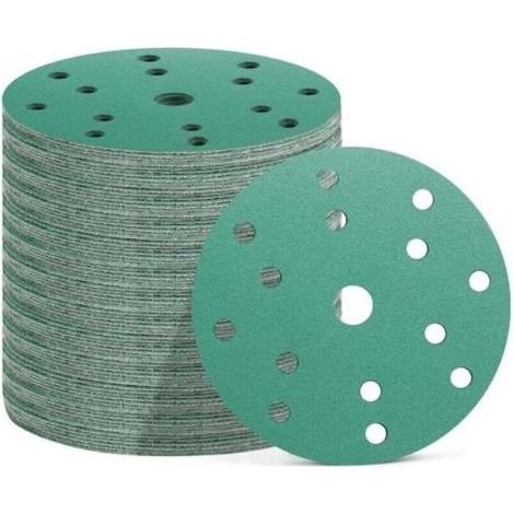 50 Pièces Disques Abrasifs 150 mm, 15 Trous, 10x Grain 60/80/120/180/400, Papier Poncage pour Ponceuse Excentrique (Vert(P60/P80/P120/P180/P400)) (1/4)