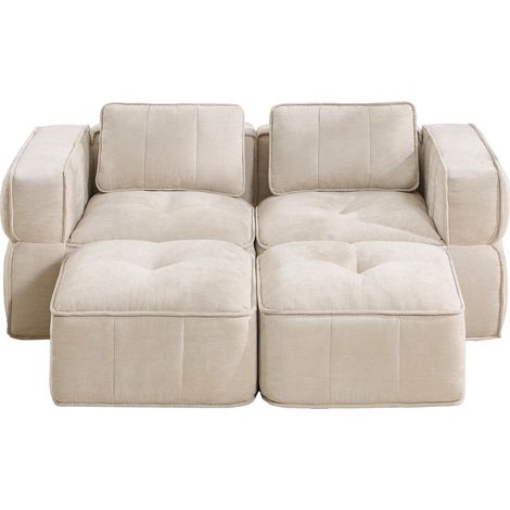 Canapé modulable 2 places avec deux poufs, assise profonde en mousse 32D, revêtement polyester beige, 198 x 162 x 67 cm (1/5)