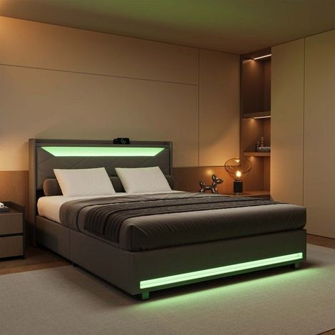 Bettgestell 160x200 cm, Bett mit Aufbewahrung 160x200 cm mit LED und USB, Leinenstoff, Bett 160x200 cm, Stauraum, Lattenrost, Grau